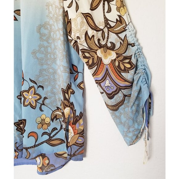 Citron Santa Monica Fall Leaf Silk Blend Blouse Top M Ruched Sleeves Lagenlook - Picture 9 of 16